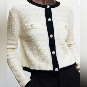 Chic Mango Cream and Black Tweed Cardigan with Jewel Buttons